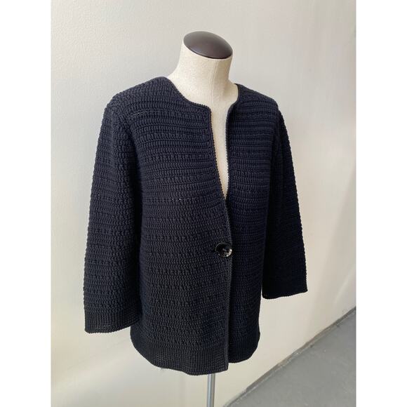 Vintage 90s Black Chunky Knit Cardigan Crochet Cottage Witchy Grandma Sweater XL - Picture 2 of 14